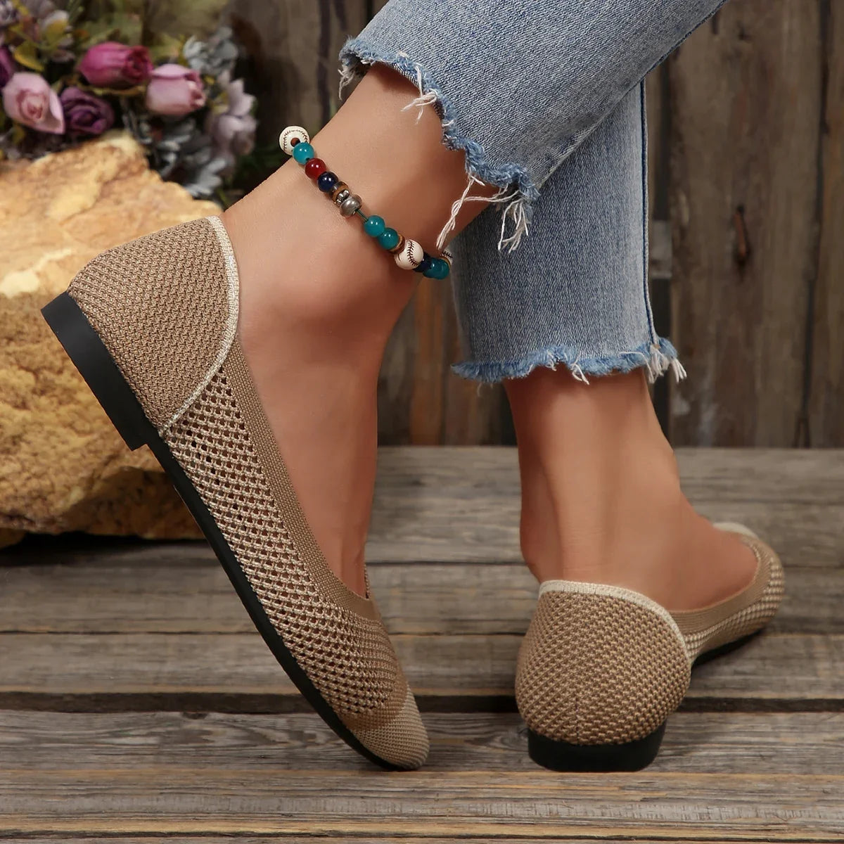 Khaki Calora comfort flats for women, versatile and breathable pointed toe for everyday chic.