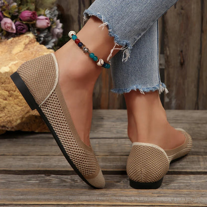 Khaki Calora comfort flats for women, versatile and breathable pointed toe for everyday chic.