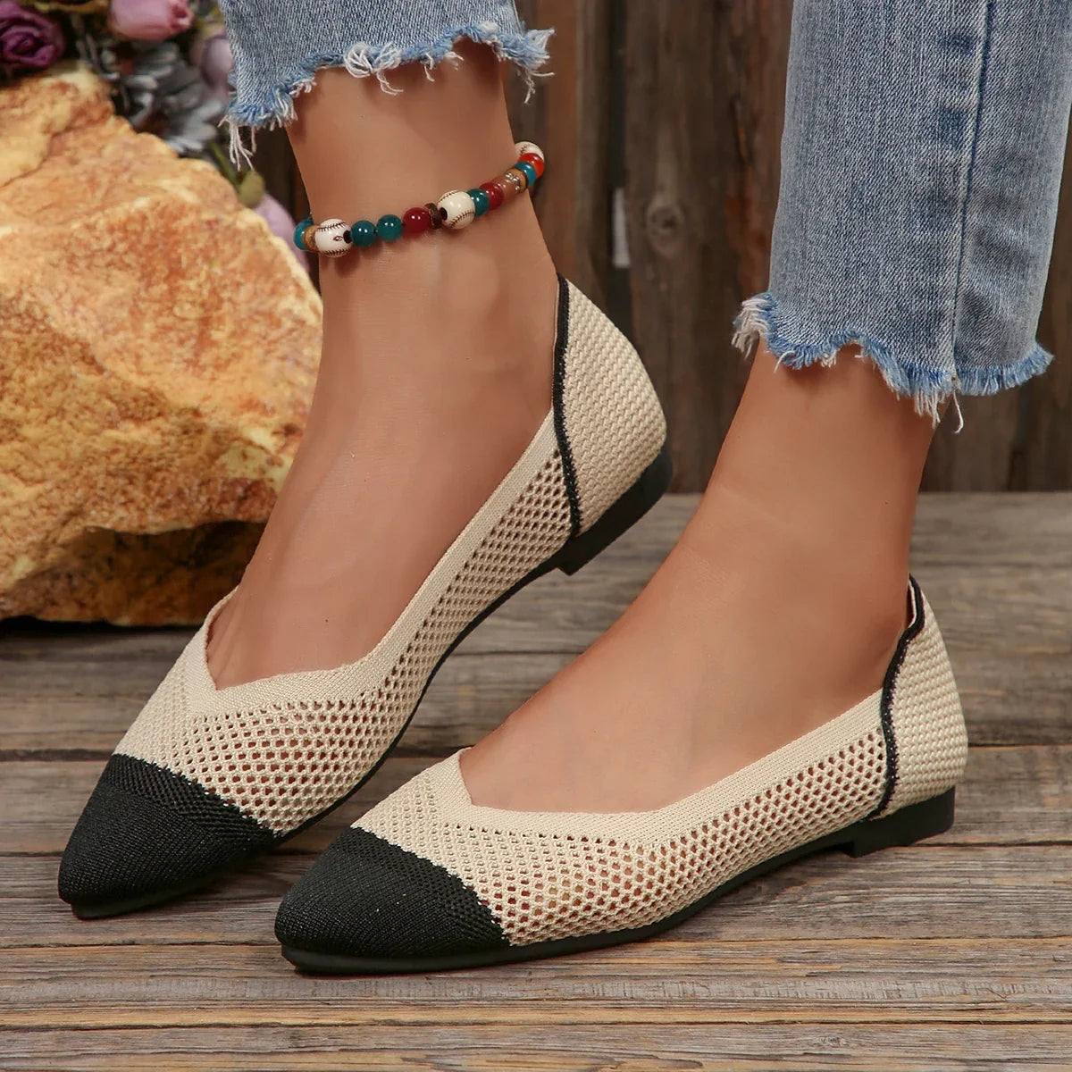 Versatile beige pointed toe flats, breathable Calora comfort for women's daily wear.