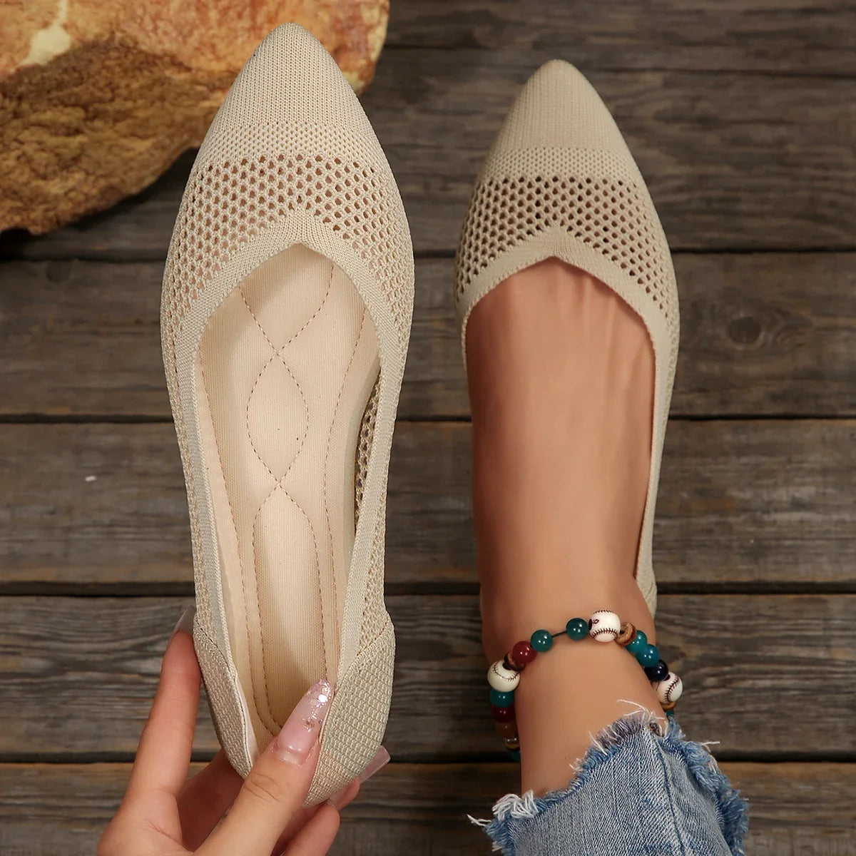 Khaki pointed toe Calora flats, elegant and comfortable women's shoes, breathable for daily use.