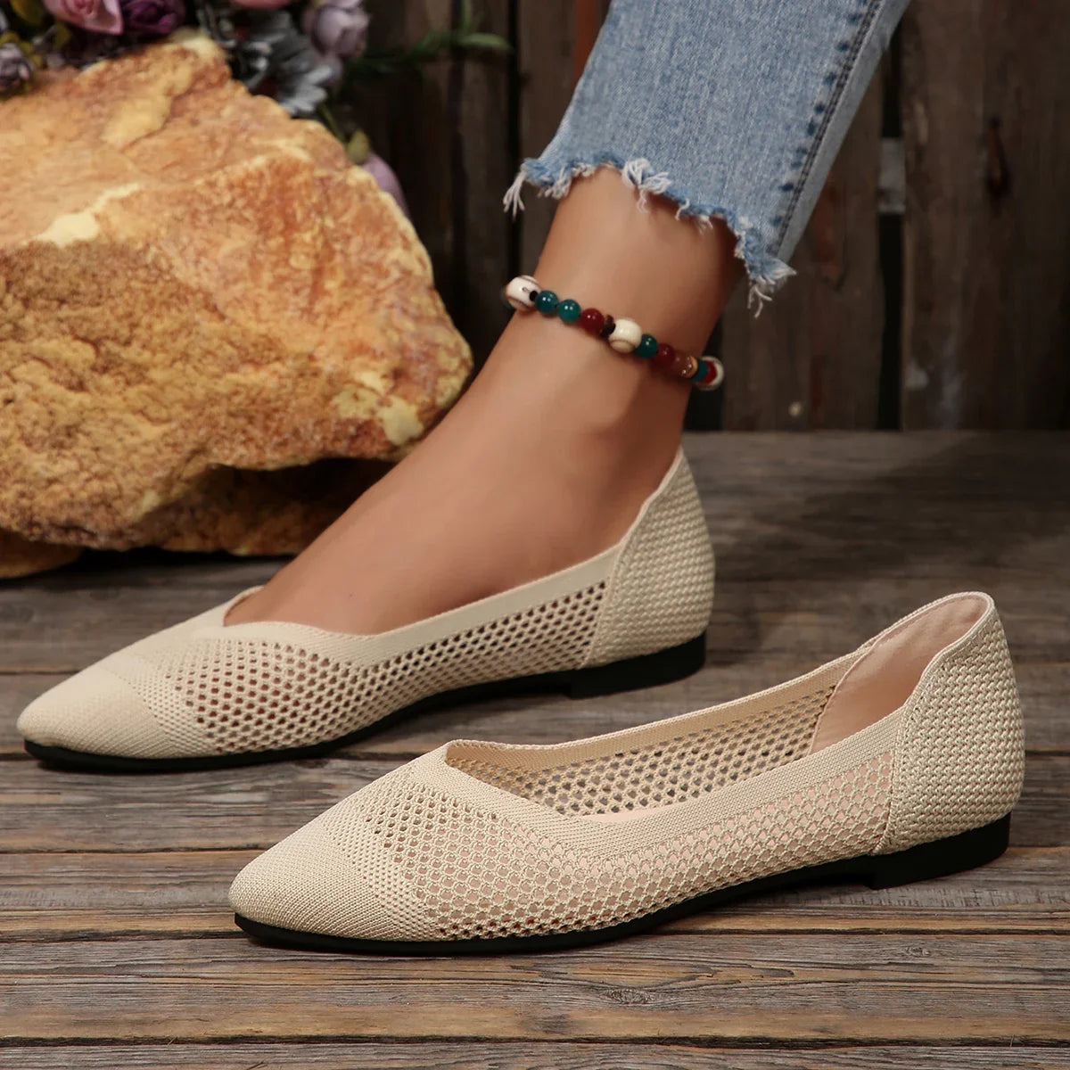 Breathable women's Calora walking flats, comfortable pointed toe design for all-day wear.