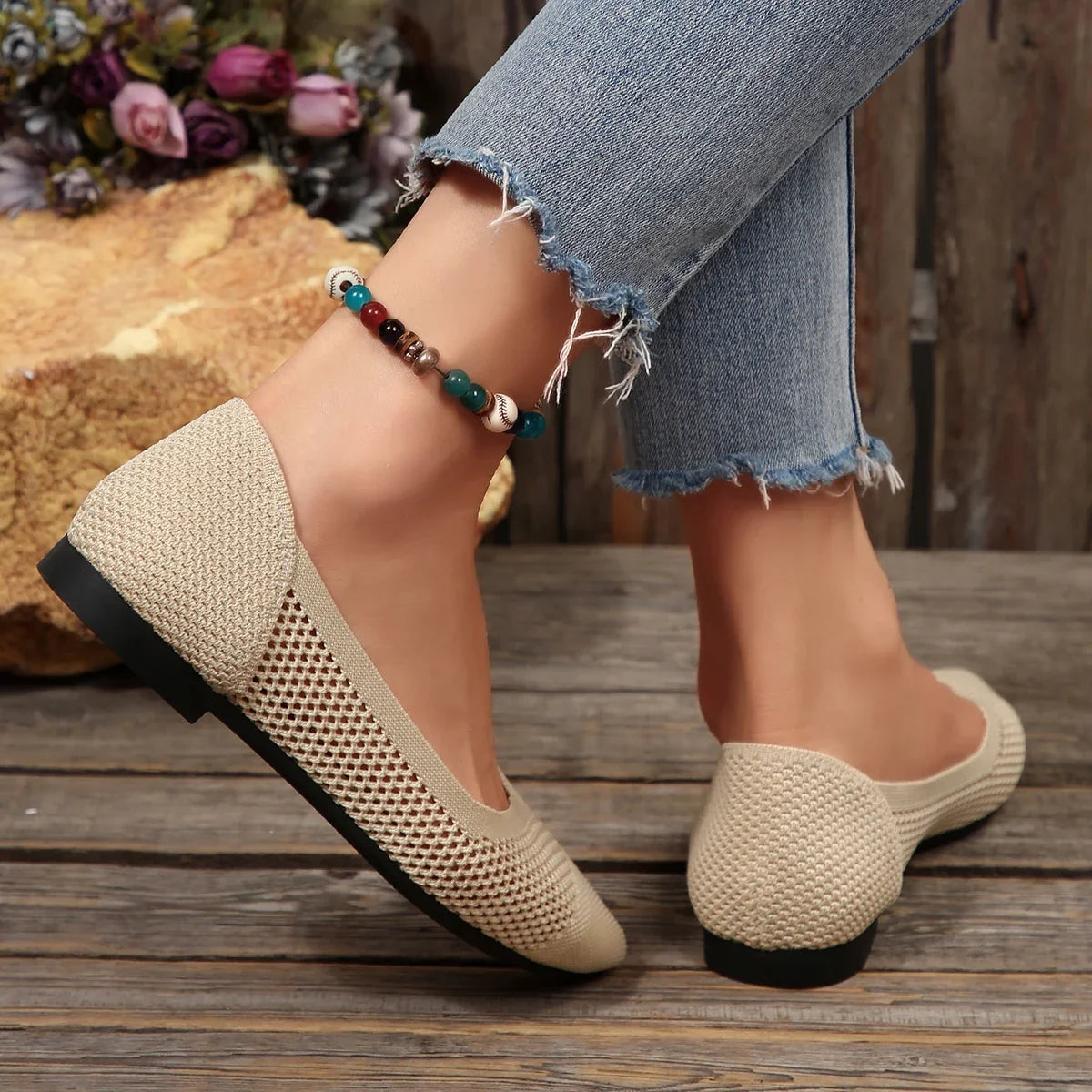 Beige women's slip-on flats, Calora pointed toe, breathable and comfortable for walking & everyday.