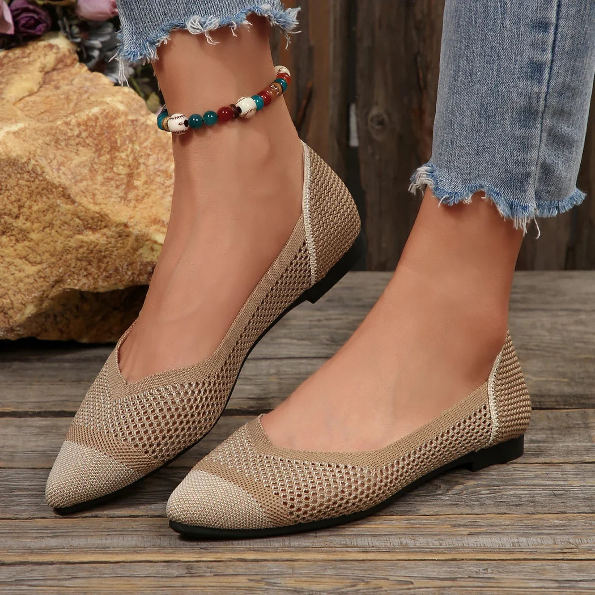 Black pointed toe Calora flats, breathable women's shoes, designed for daily elegance & comfort.