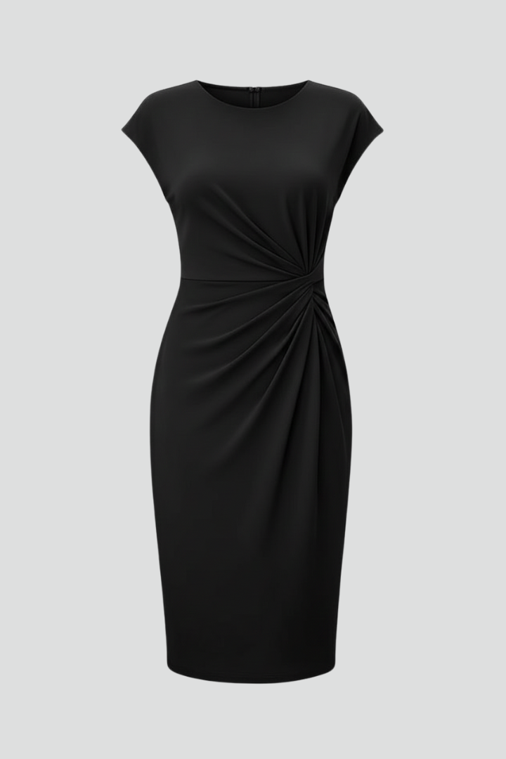 Women's cap sleeve knee-length dress with ruched waist; elegant & versatile for all seasons.