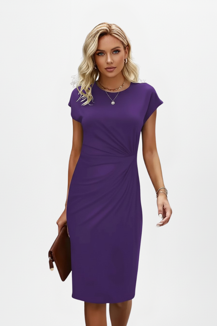 Women's plain cap sleeve, ruched waist, knee-length dress; elegant for work or casual.