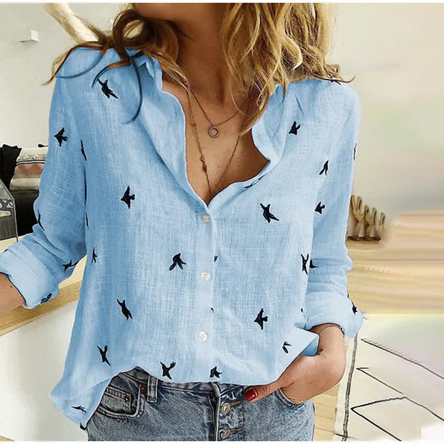 Women's casual bird print button-up blouse with long sleeves. Perfect for everyday stylish wear.