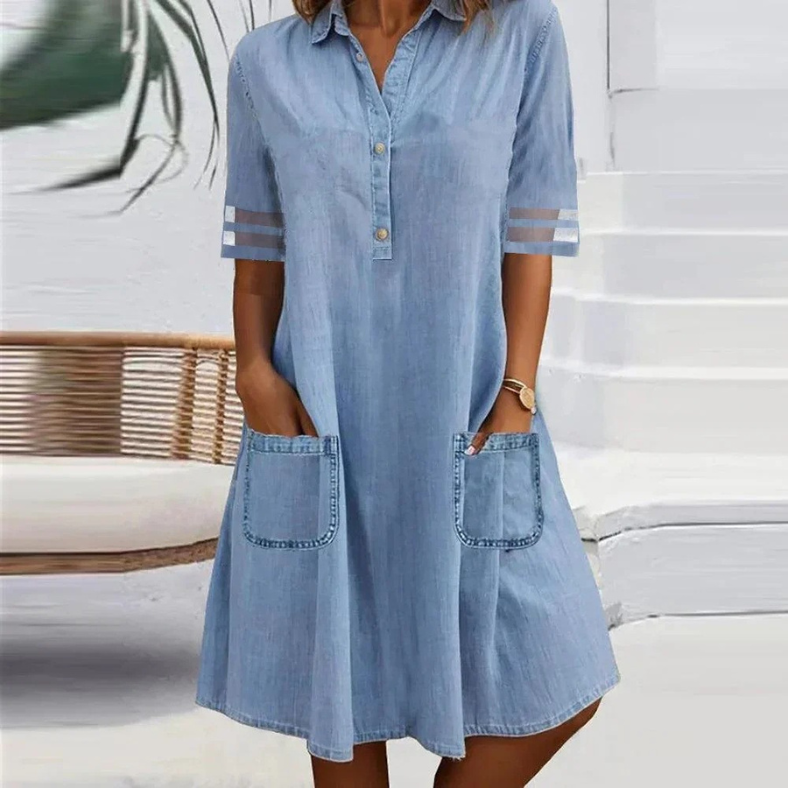 Women's casual blue mini dress with pockets for everyday comfort & style. Perfect for summer, a stylish short dress.