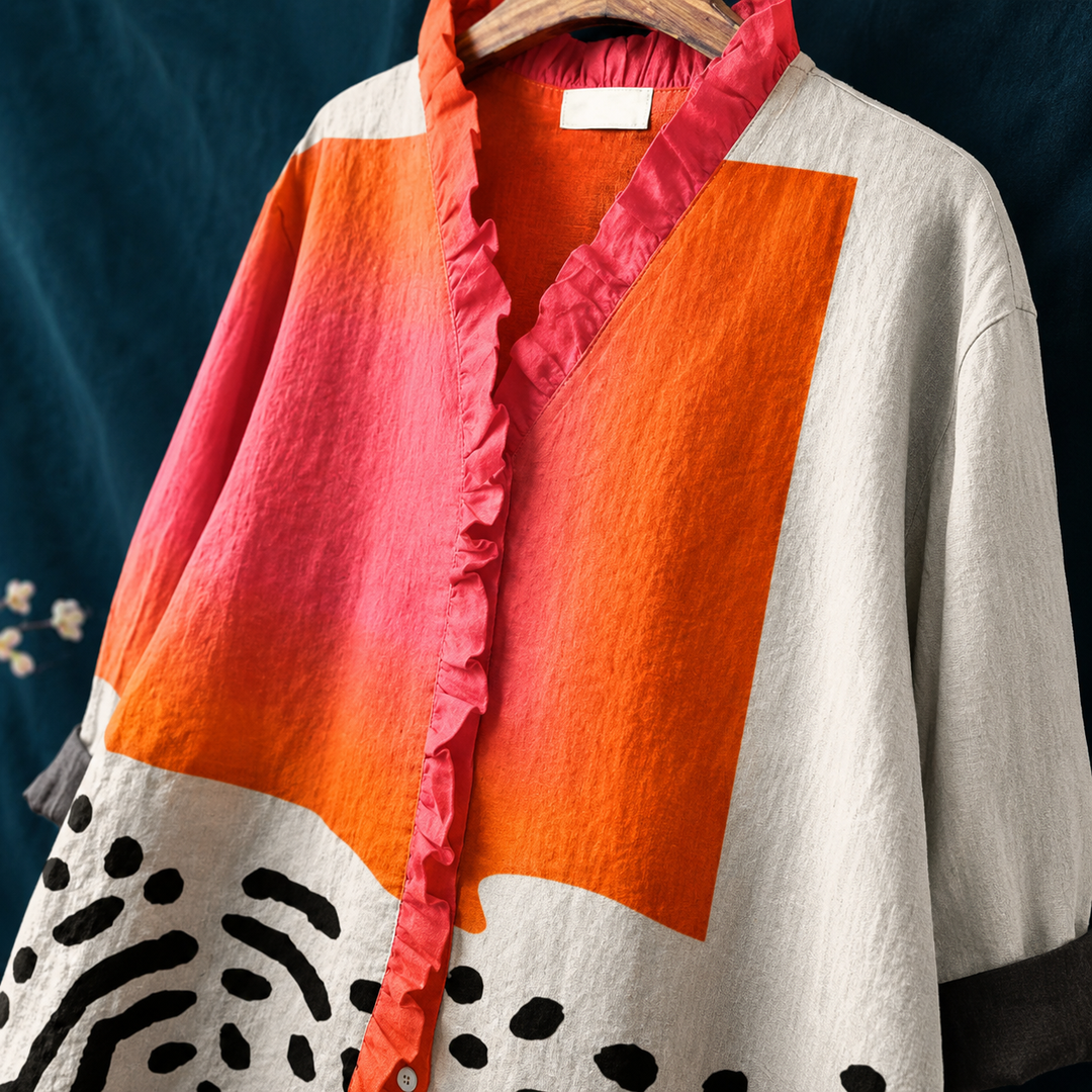 Chic women's V-neck blouse, long sleeve button-up with abstract pattern. Perfect casual top for summer and spring travel.