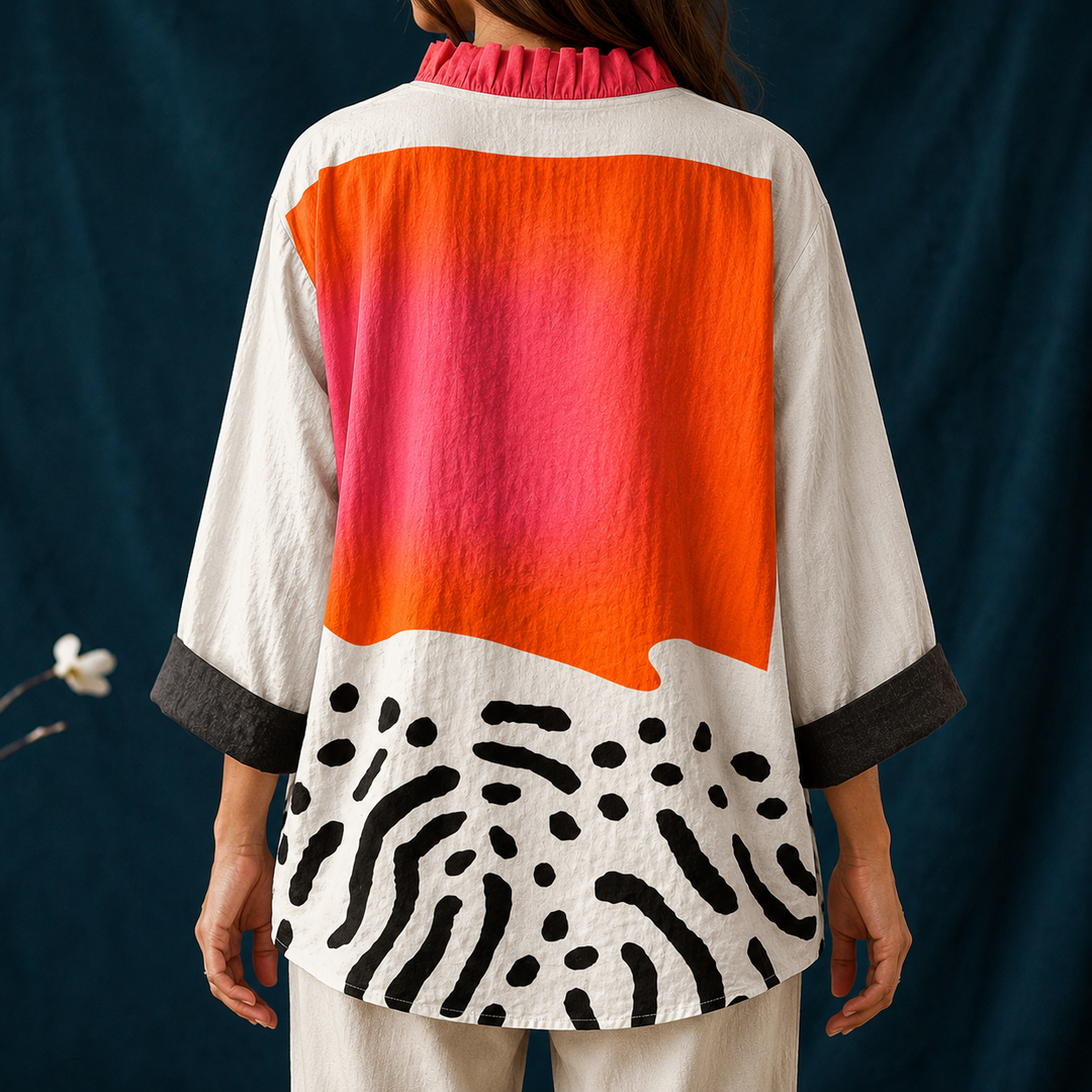 Elegant women's button-up blouse, abstract block pattern. Long sleeve V-neck top, ideal for chic casual spring & summer fashion.