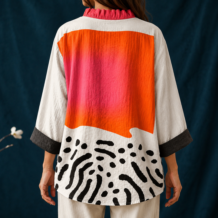 Elegant women's button-up blouse, abstract block pattern. Long sleeve V-neck top, ideal for chic casual spring & summer fashion.