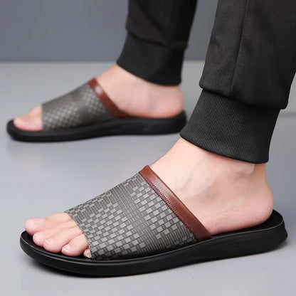 Woman wearing casual comfort slide sandals, perfect for summer walks & relaxed style.