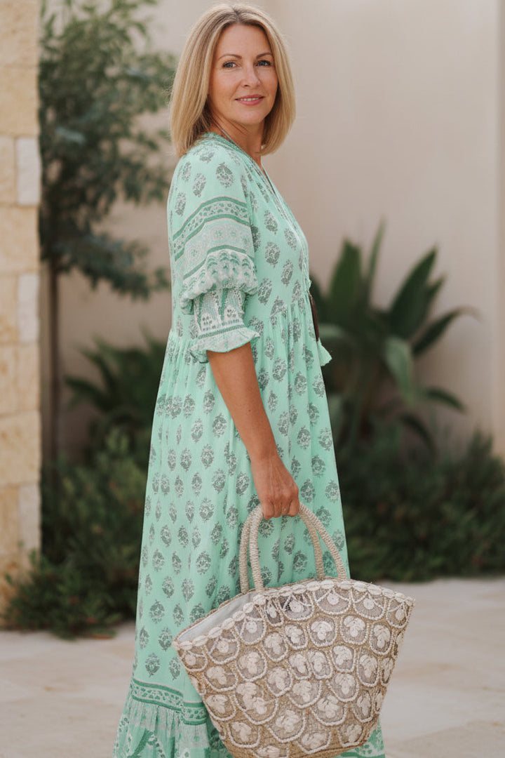 Stylish women's printed V-neck half-sleeve midi dress, perfect for casual spring and summer outfits. Everyday wear.