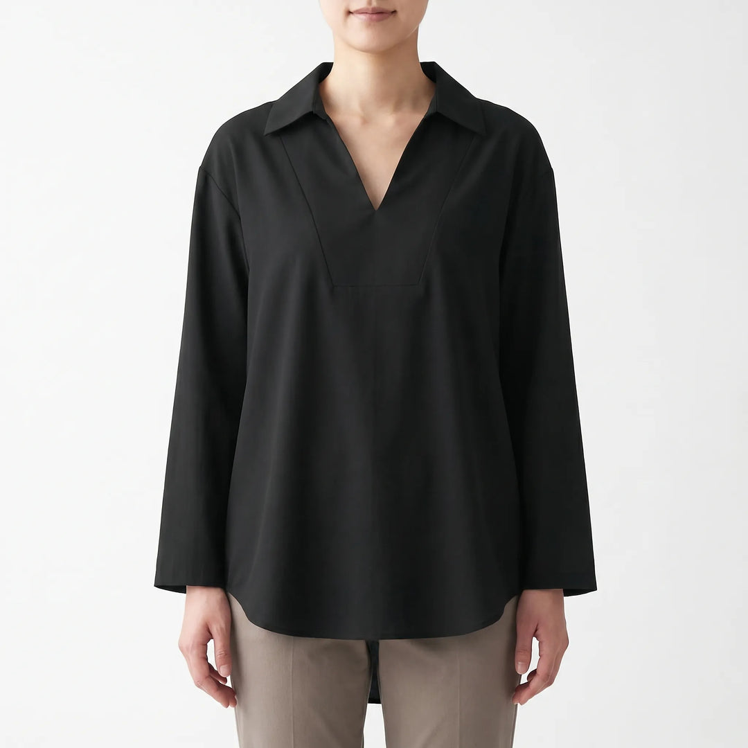 Solid color V-neck tunic top for women. Collared, long sleeve casual blouse, perfect for versatile everyday style.