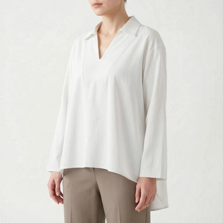 Collared V-neck high-low tunic for women. Loose fit long sleeve blouse, perfect for casual or smart casual looks.
