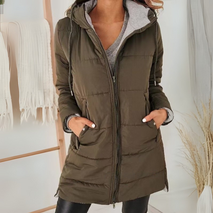 Women's casual hooded puffer jacket in black, perfect for winter warmth and everyday cold weather wear.