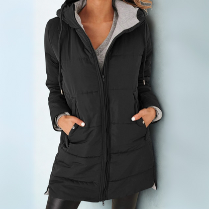 Front view of a women's casual hooded puffer jacket, providing warmth for winter and everyday wear.