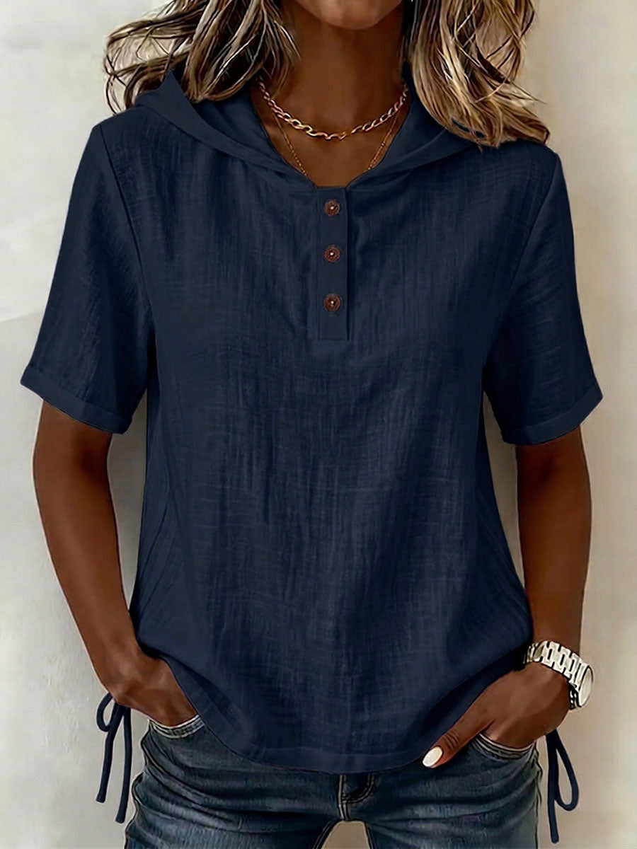 Versatile women's casual hooded shirt, relaxed fit, great for comfortable everyday spring & summer style.