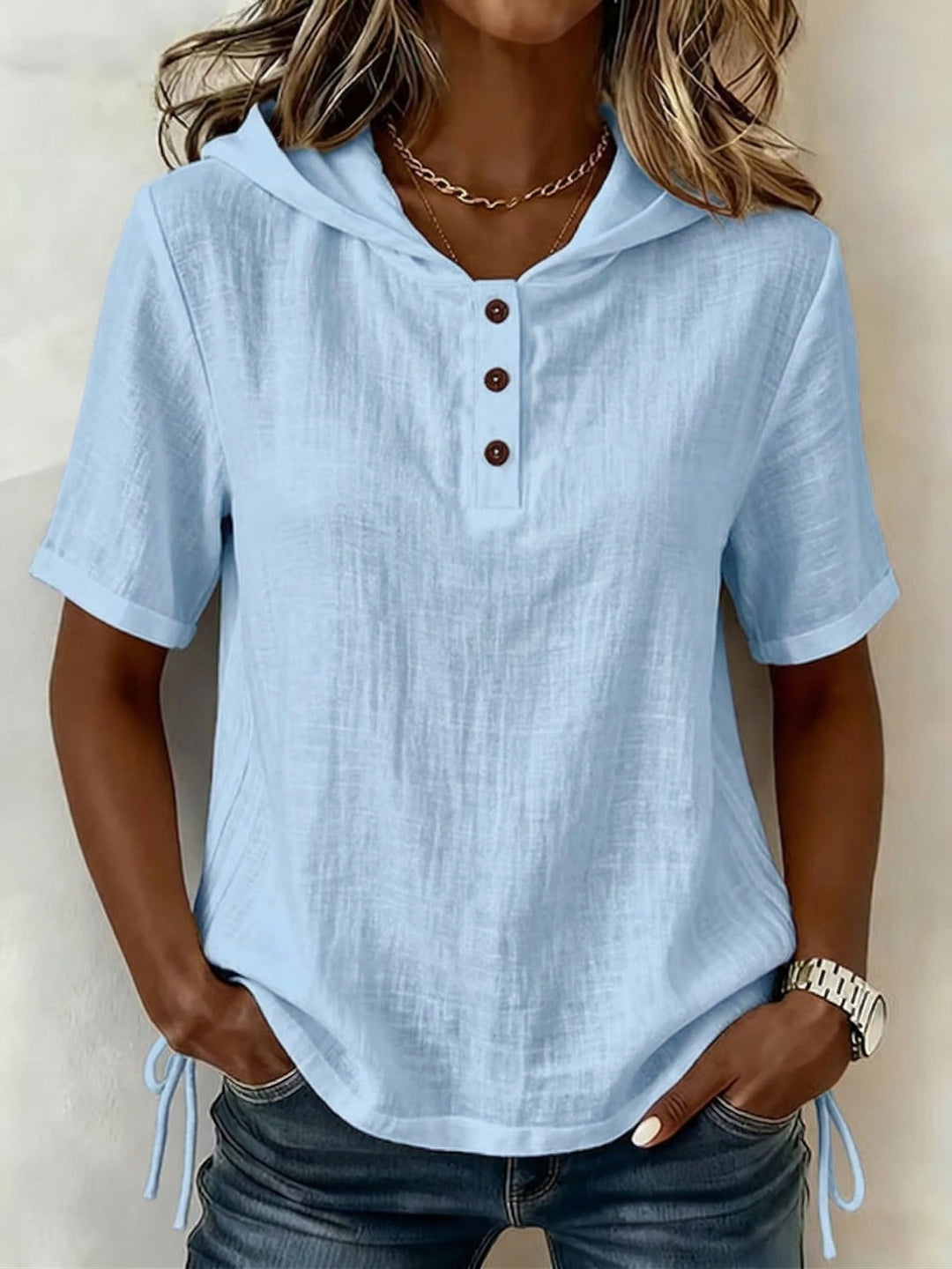 Stylish women's hooded shirt, relaxed fit top, lightweight and chic for casual spring & summer fashion.