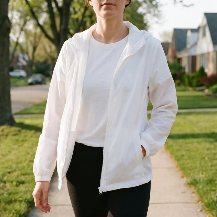 Women's casual hooded windbreaker jacket with zipper, perfect for spring & fall outdoor activities.