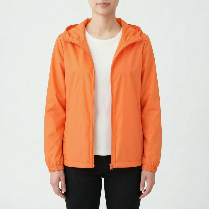 Versatile women's hooded windbreaker jacket, a casual & outdoor outerwear piece with zipper.