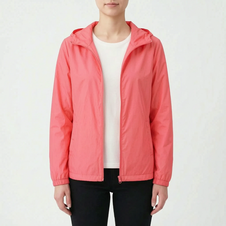 Women's activewear hooded windbreaker, perfect lightweight jacket for hiking, jogging, or daily casual use.