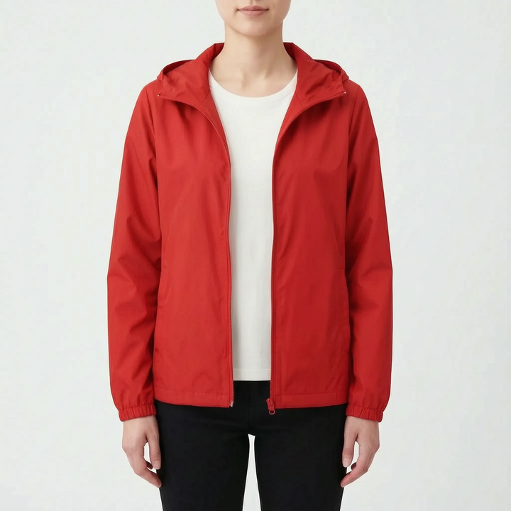 Modern women's hooded windbreaker with full zipper, a practical and stylish lightweight outdoor jacket.