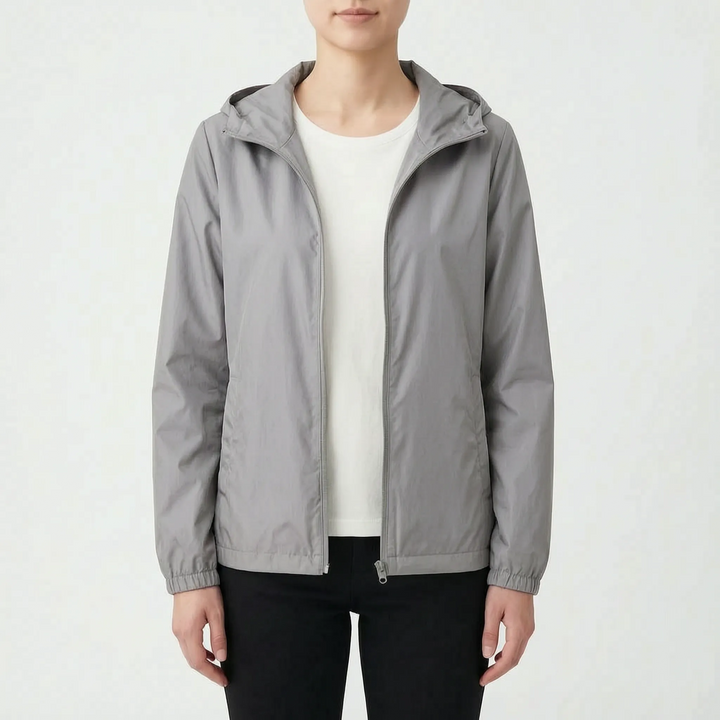 Breathable women's lightweight hooded windbreaker, excellent for spring/fall casual and active outdoor wear.