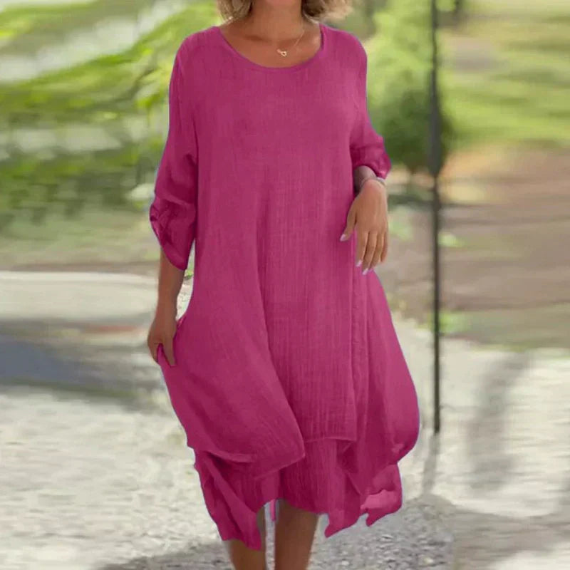 Women's casual layered midi dress with 3/4 sleeves, perfect for summer everyday wear. Flowy & comfortable.