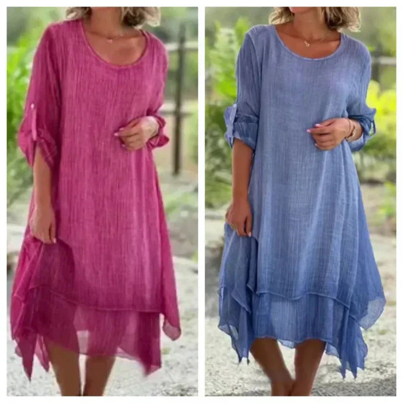 Everyday women's layered midi dress in a relaxed fit. Casual 3/4 sleeve summer style, perfect for comfort.