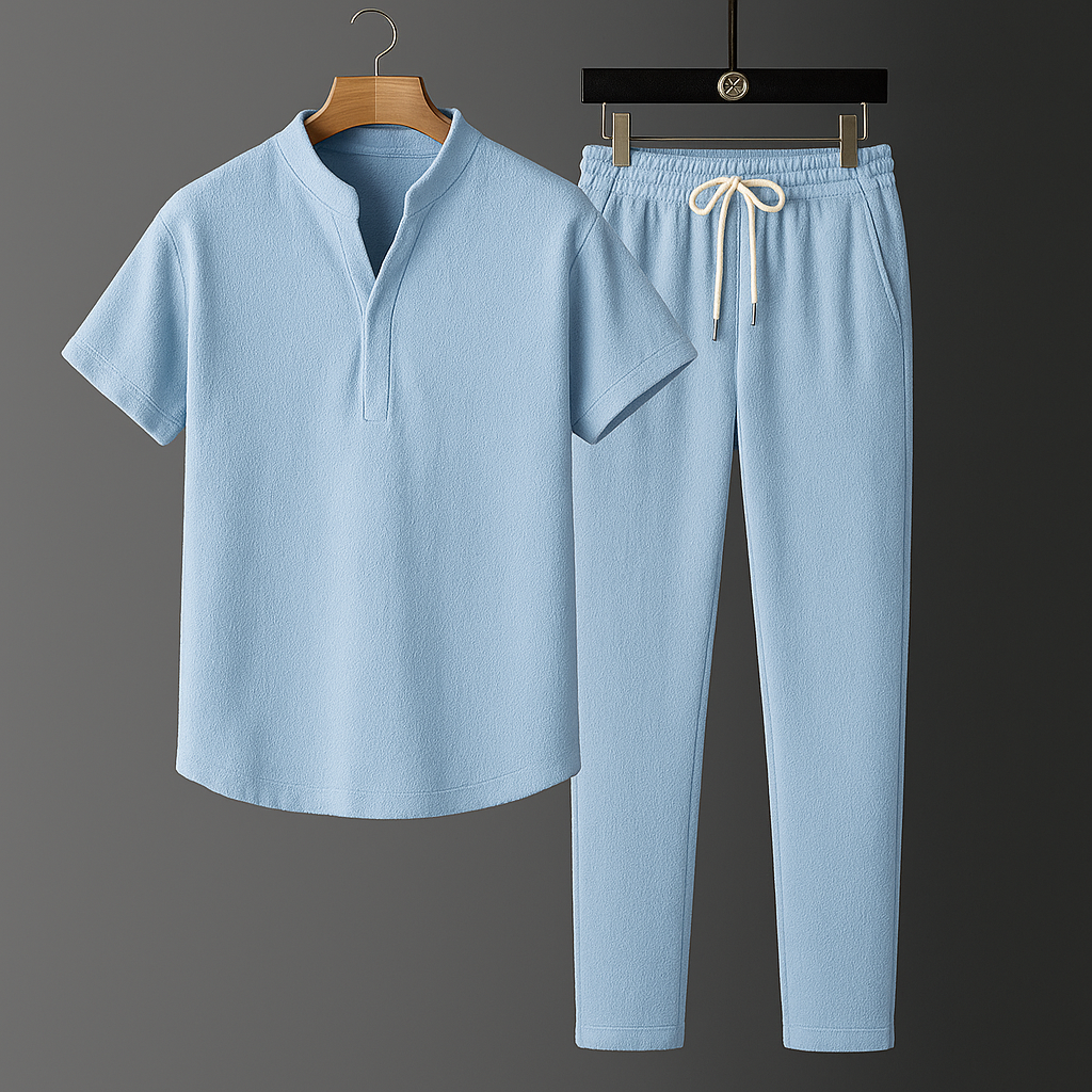 Women's casual linen blend top & jogger set in a light color, perfect for comfortable summer loungewear.