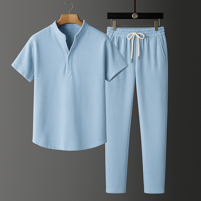 Women's casual linen blend top & jogger set in a light color, perfect for comfortable summer loungewear.
