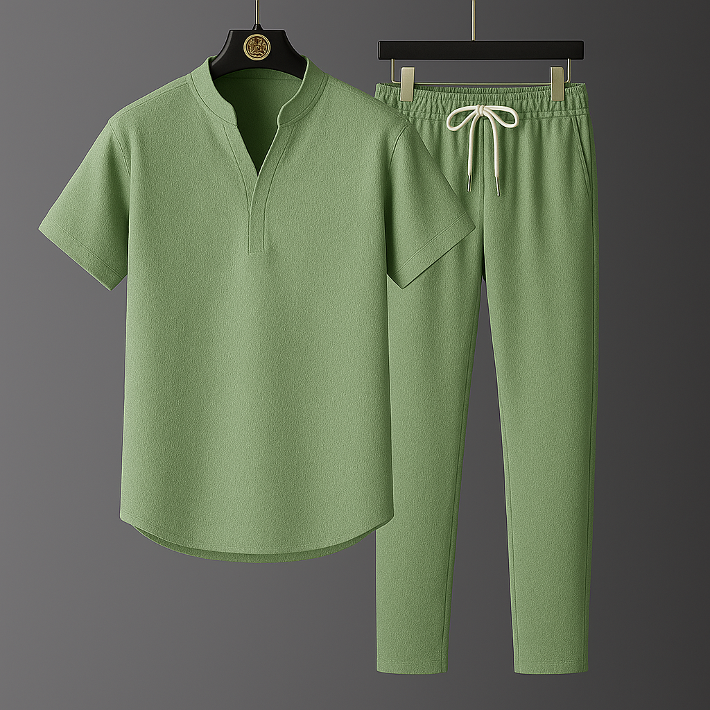 Breathable women's linen blend short-sleeve top & matching jogger pants for a relaxed everyday outfit.