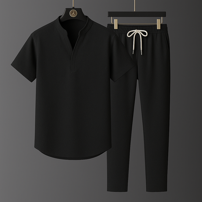 Comfortable women's linen blend casual set, featuring a relaxed-fit top and soft joggers for everyday wear.