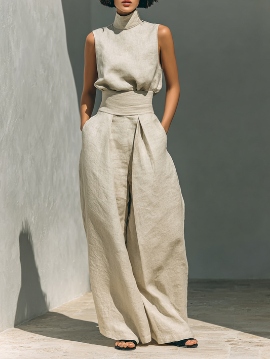 Women's casual linen blend two-piece set: sleeveless top & wide leg pants. Perfect for summer and spring fashion.
