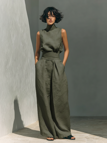 Comfortable women's linen cotton blend sleeveless top and wide leg pant set, ideal for casual summer outfits.