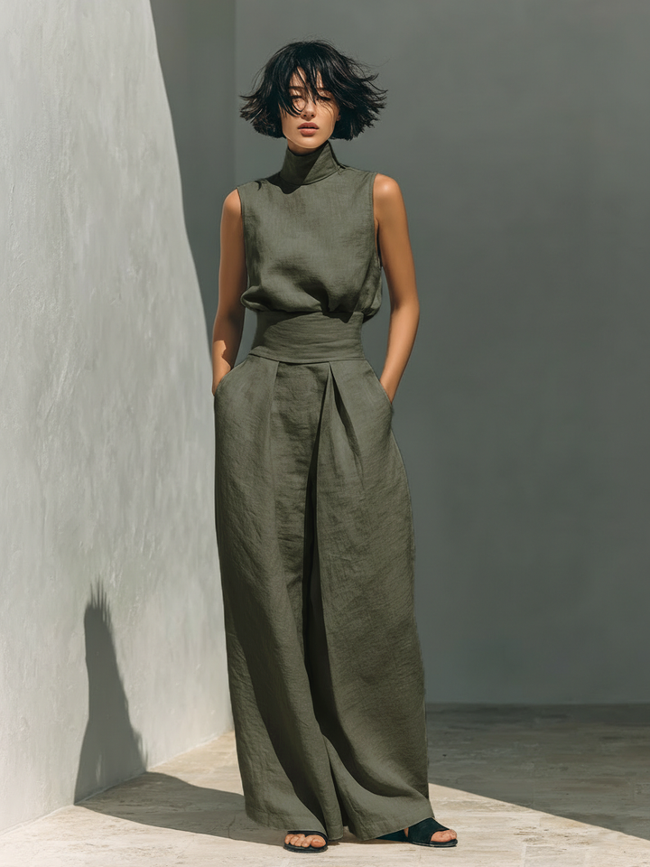 Comfortable women's linen cotton blend sleeveless top and wide leg pant set, ideal for casual summer outfits.