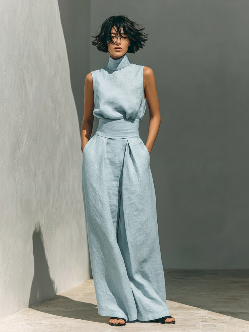 Stylish women's linen blend sleeveless top paired with matching wide leg pants for a comfortable two-piece set.