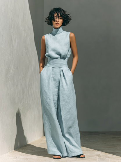 Stylish women's linen blend sleeveless top paired with matching wide leg pants for a comfortable two-piece set.