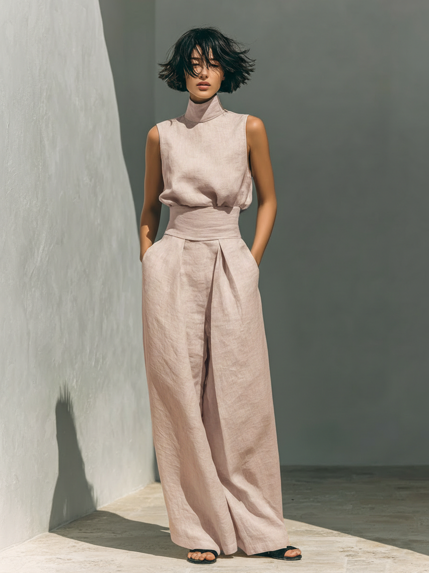 Minimalist women's linen blend casual set: sleeveless top and wide leg pants. Essential spring & summer wear.