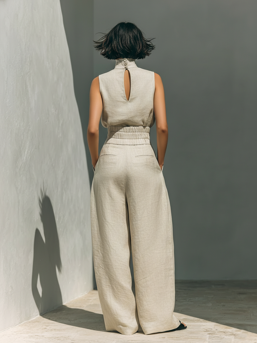 Sleeveless linen blend top and wide leg pants create a chic women's two-piece set, great for casual elegance.