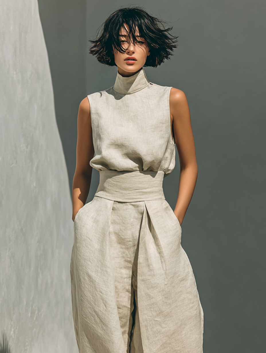 Chic women's linen blend casual set, featuring a comfortable sleeveless top and trendy wide leg pants.