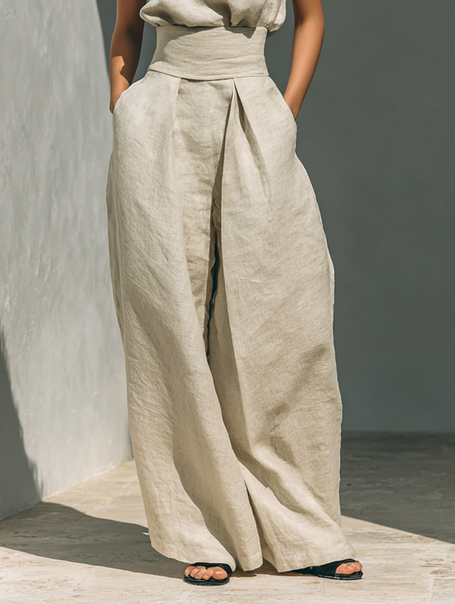 Versatile women's linen cotton blend sleeveless top and wide leg pants set. A must-have for casual fashion.