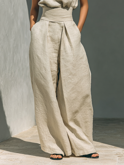 Versatile women's linen cotton blend sleeveless top and wide leg pants set. A must-have for casual fashion.