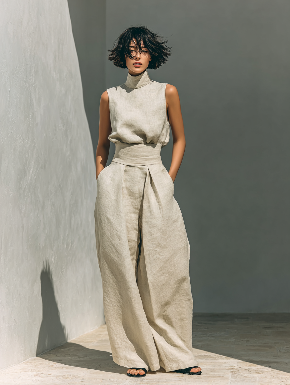 Casual women's linen blend sleeveless top & wide leg pants set. Comfortable two-piece for spring/summer fashion.