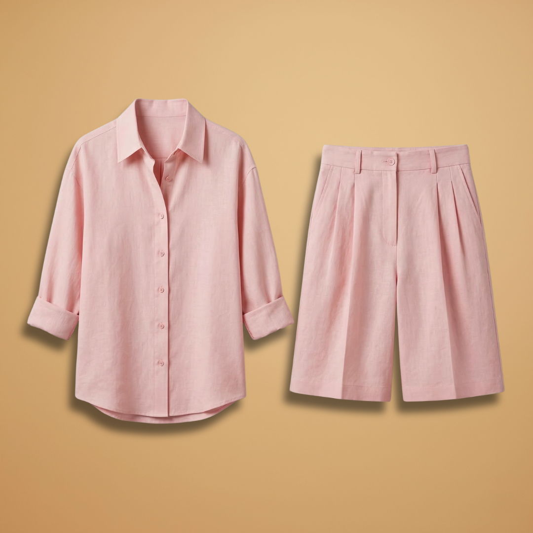 Women's casual long sleeve shirt & shorts set, perfect two-piece travel outfit for summer vacation comfort.