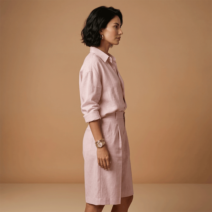 Comfortable women's two-piece long sleeve shirt and shorts set. Casual lounge wear for summer travel.