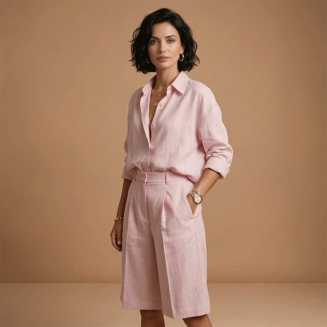 Women's casual long sleeve shirt & matching shorts set. Stylish two-piece travel outfit with relaxed fit.