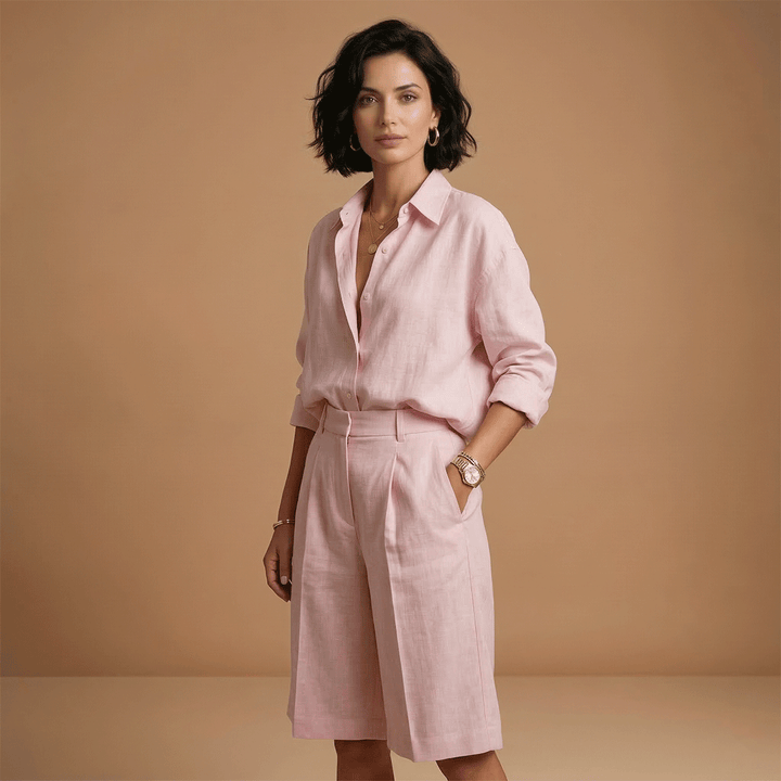 Women's casual long sleeve shirt & matching shorts set. Stylish two-piece travel outfit with relaxed fit.