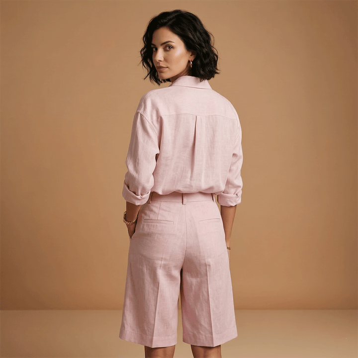 Versatile women's casual long sleeve shirt and shorts set. Two-piece travel outfit for summer or lounge wear.