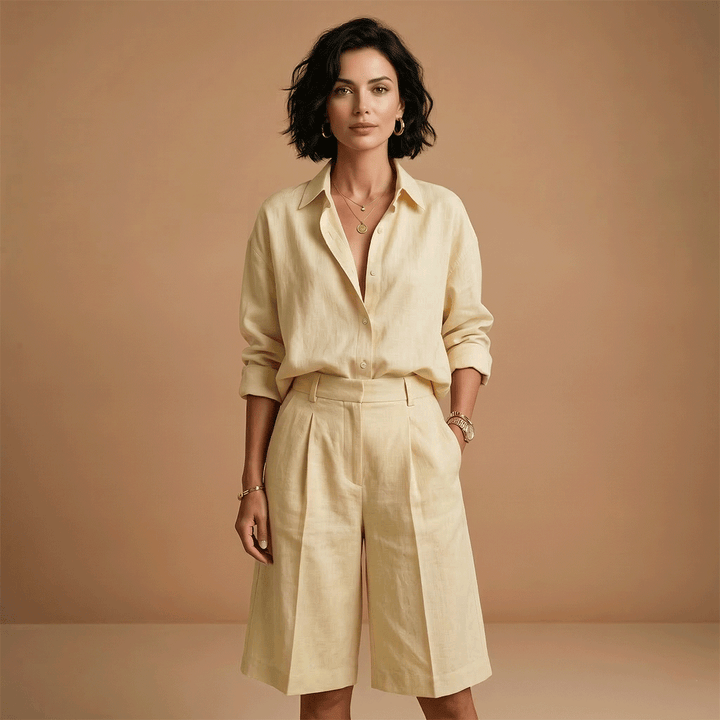 Women's casual two-piece outfit: long sleeve shirt & shorts set. Comfortable for travel, summer, or lounge.